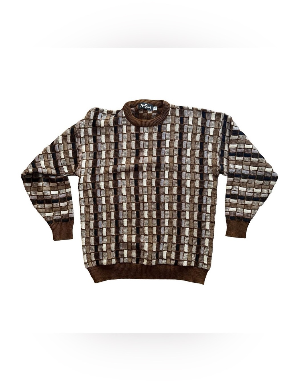 VTG Alan Stuart Men's Brown Tan Colorblock Coogi Patterned Crewneck Sweater XL